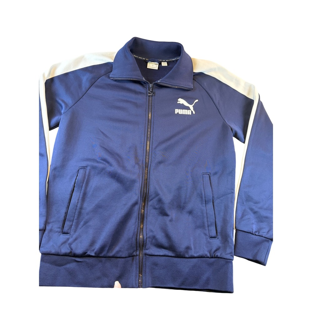 Puma T7 Track Jacket Navy Blue White Stripe Full Zip Mens Size Medium